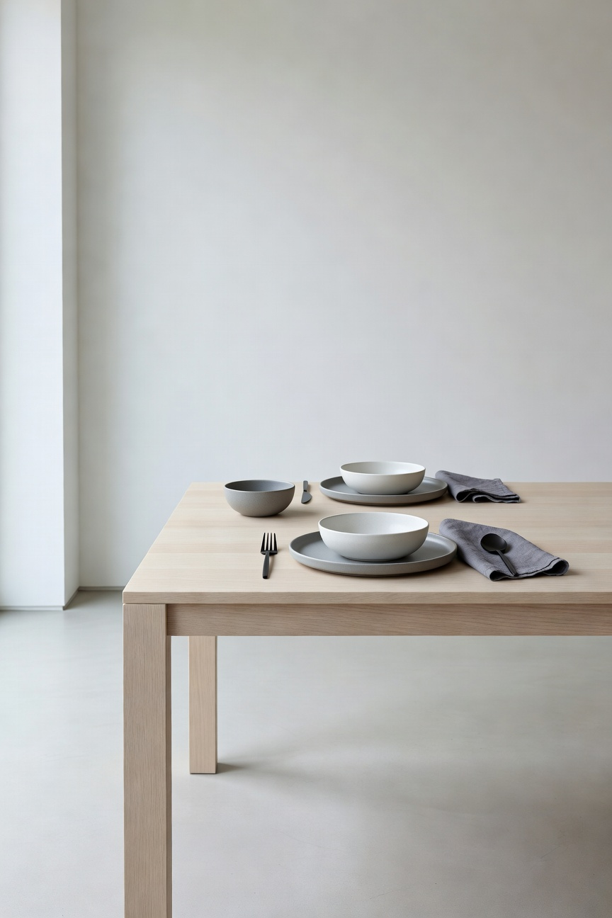 A photograph of a highly minimalist dining table set with heavy, matte charcoal stoneware ceramics designed for slow, mindful eating.