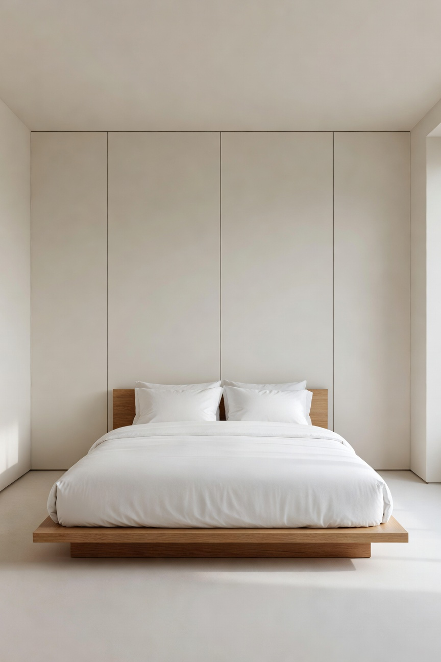 A serene minimalist bedroom featuring seamless floor-to-ceiling concealed storage cabinets and a low platform bed under soft morning light.