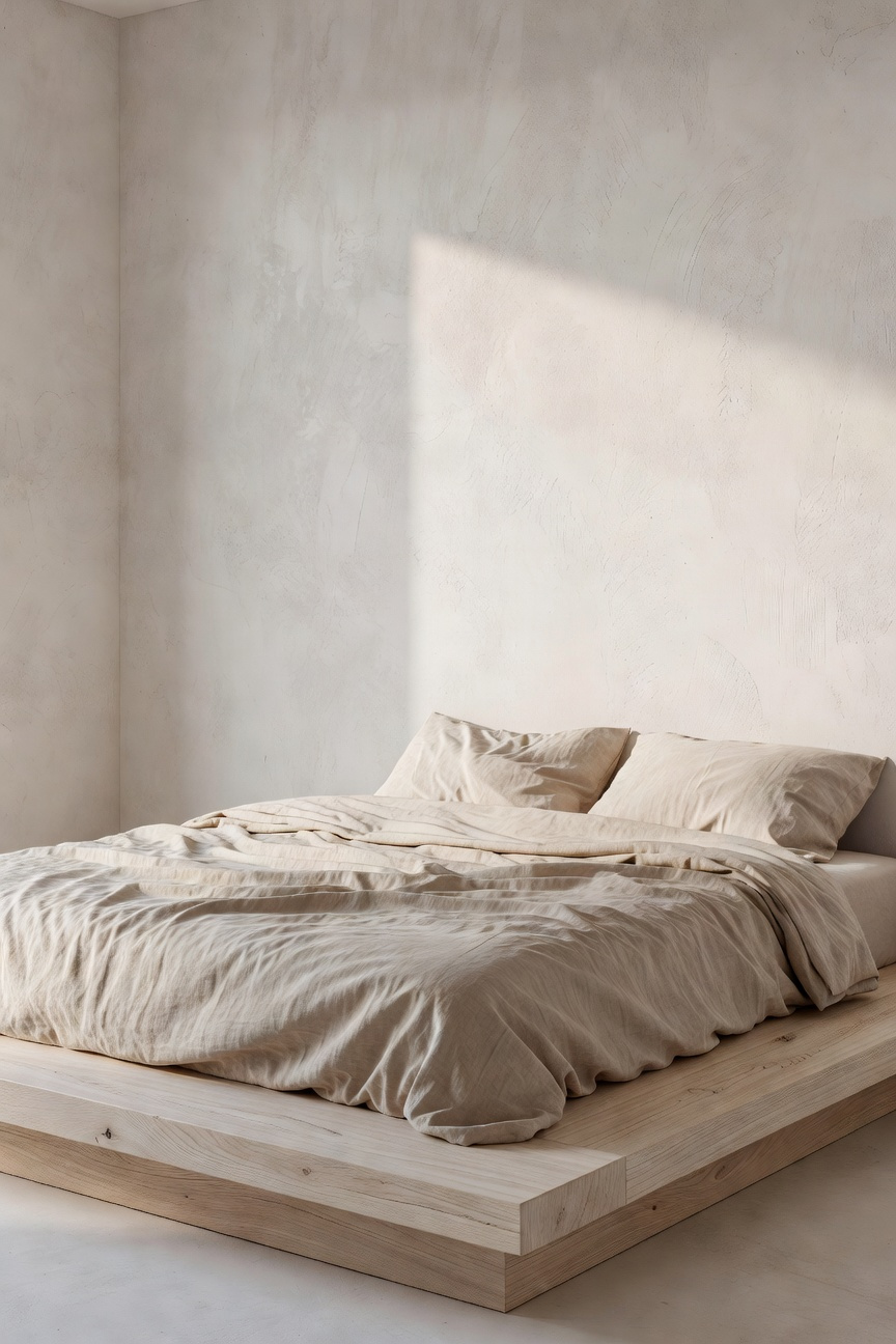 A minimalist bedroom design showcasing the natural textures of a light wood bed frame and rumpled linen bedding under soft grazing sunlight.