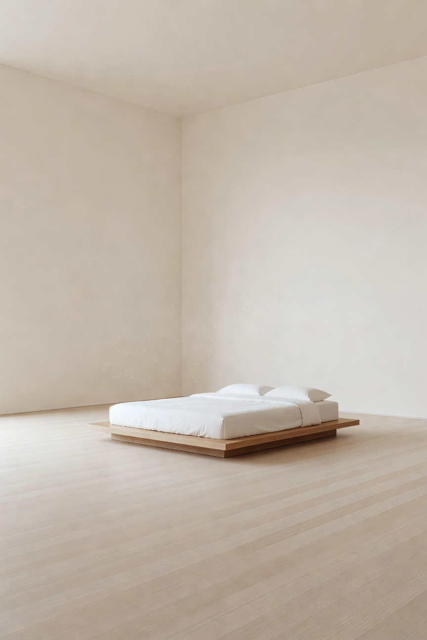 An expansive minimalist bedroom with a low platform bed and floor-to-ceiling windows showcasing the concept of negative space and air quality as design.