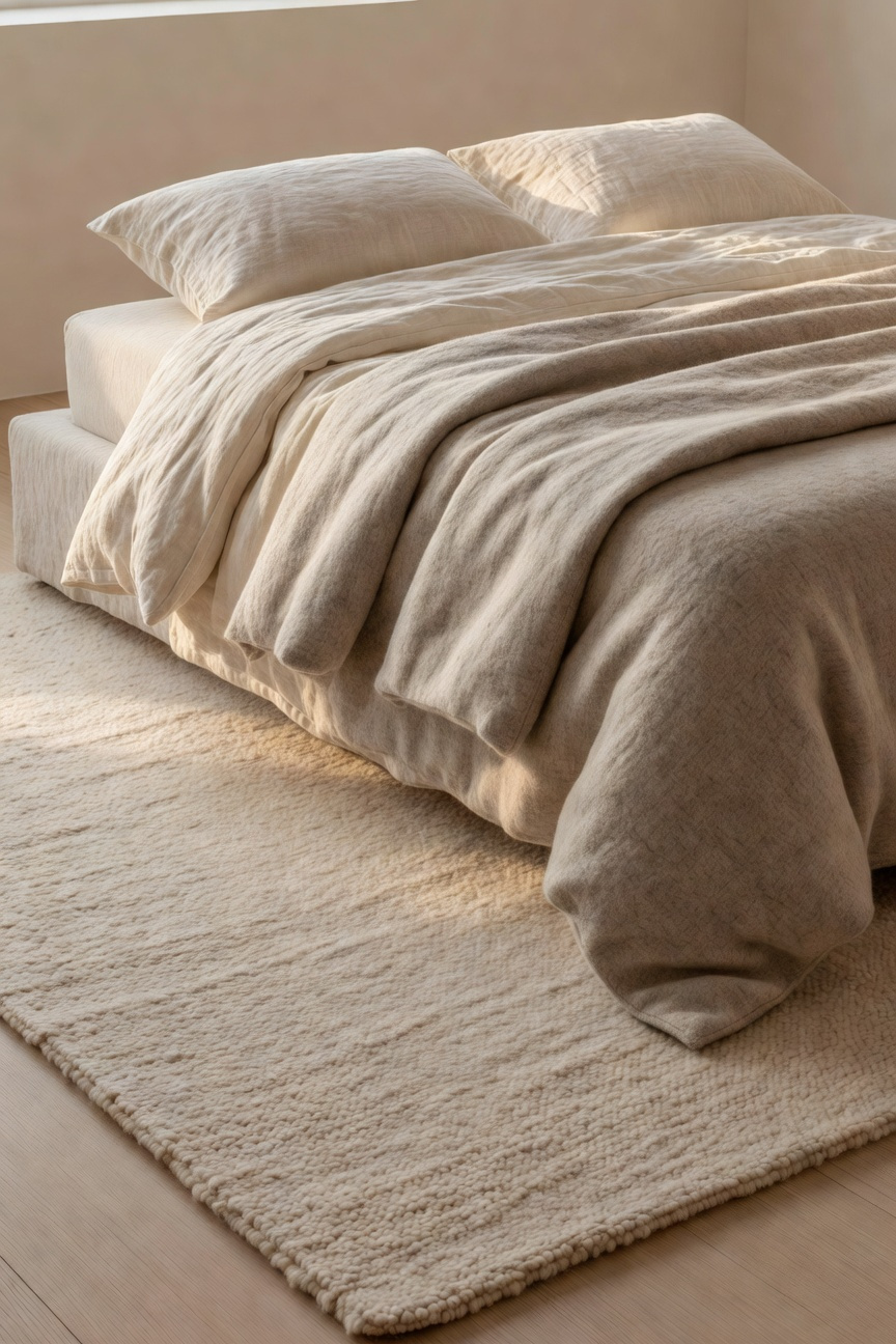 A minimalist bedroom with layered neutral textiles and soft natural light highlighting the textures of linen and wool.