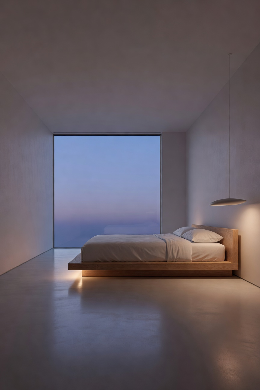 A spacious and serene minimalist bedroom at dusk featuring a low platform bed and soft ambient lighting to illustrate the concept of meaningful void.