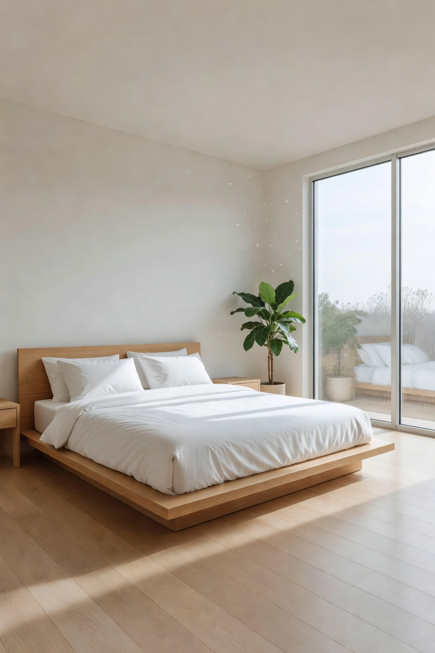 A bright and airy minimalist bedroom layout featuring a bed in the command position according to Feng Shui principles for better energy flow.