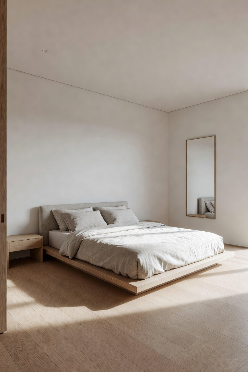 A bright minimalist bedroom showing a bed positioned diagonally from the doorway to exemplify a morning ritual layout for psychological security.