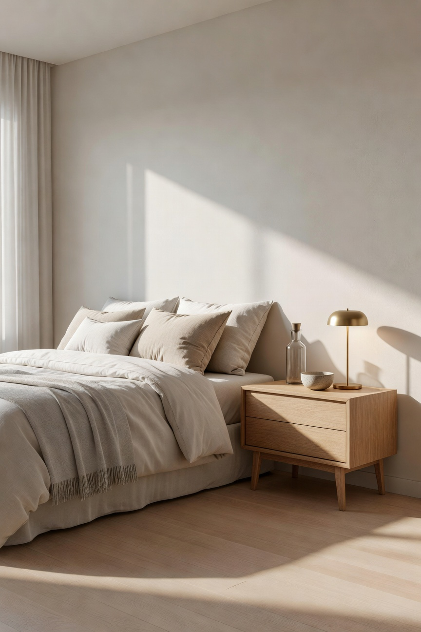 A minimalist bedroom corner showing a clean wooden nightstand with a brass lamp and glass carafe beside a bed with soft linens.