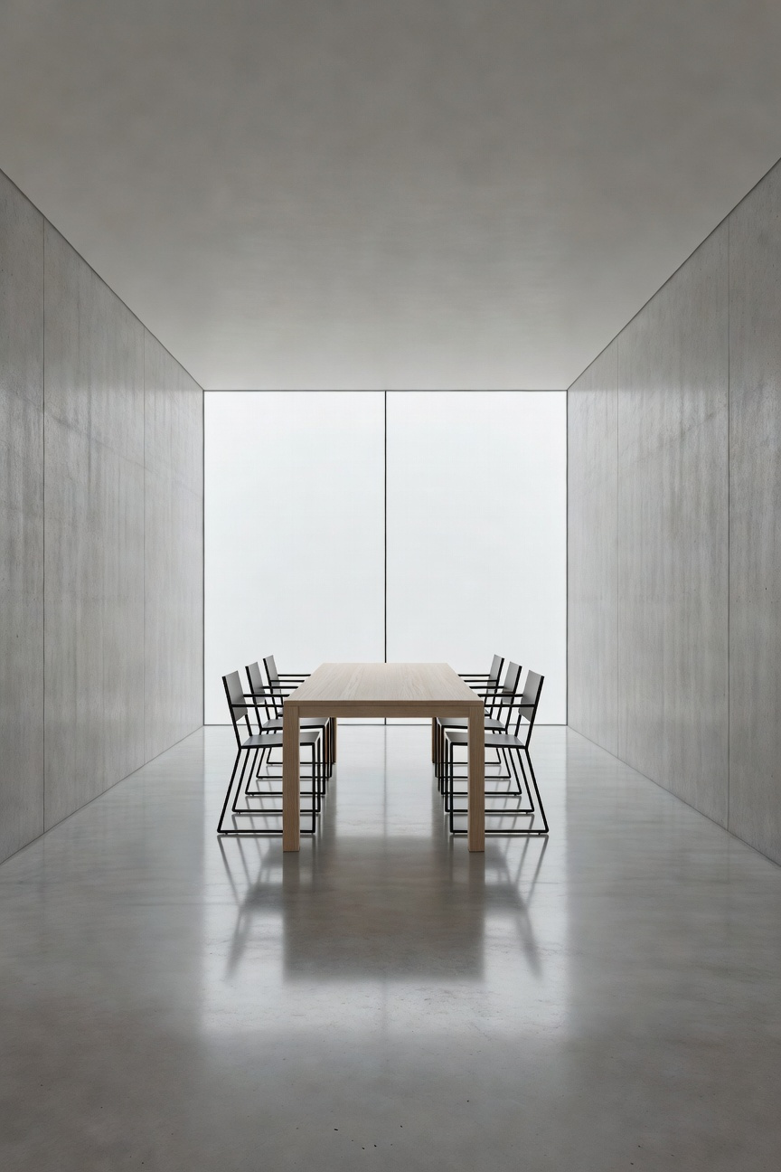 A photograph of a sparse, modern minimalistic dining room featuring hard surfaces like polished concrete floors, concrete walls, and a large glass window, highlighting a space prone to noise echo and reverberation.