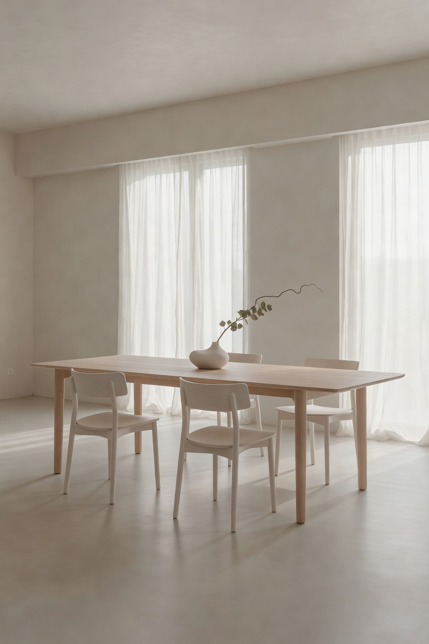 A bright, minimalist dining room featuring a light wood table and four sculptural chairs, designed with ample negative space to promote circulation of positive energy (Chi).