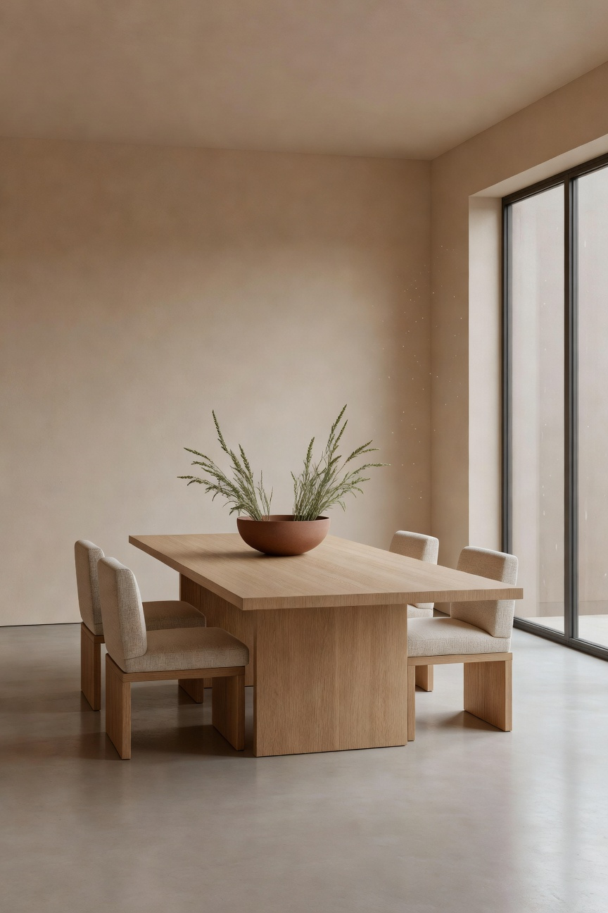 A minimalistic dining room featuring a grounded palette of natural oak wood, terracotta accents, and linen upholstery designed to promote a restorative and calm physiological state.