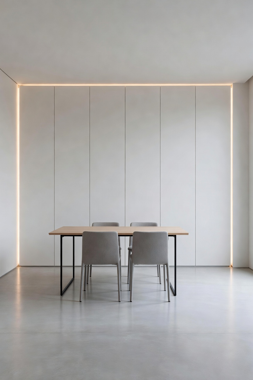 A serene, minimalist dining room featuring handle-less, floor-to-ceiling matte white panels that conceal all storage, achieving a completely decluttered look around a simple ash wood dining table.