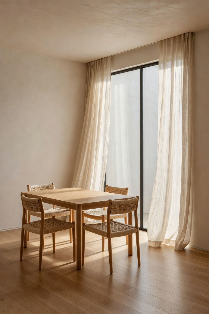 A minimalistic dining room featuring sheer linen window treatments that diffuse sunlight into a soft, ambient glow, illustrating Scandinavian hygge principles and maximizing natural light.