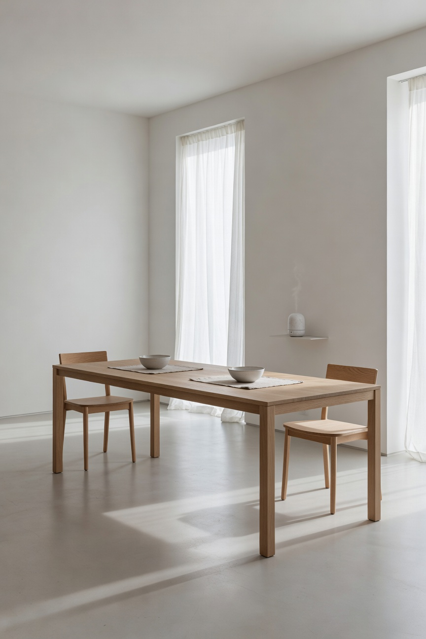 A wide photograph showing a minimalistic dining room with a natural light oak table, sheer curtains, and a subtle white ultrasonic scent diffuser used for aromatherapy and digestion preparation.