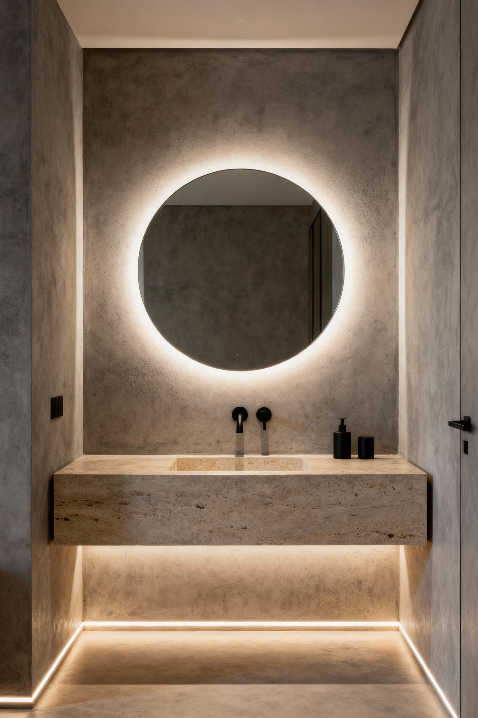 A minimalist modern bathroom featuring a circular backlit mirror creating a warm halo effect above a floating stone vanity, illustrating layered ambient lighting.