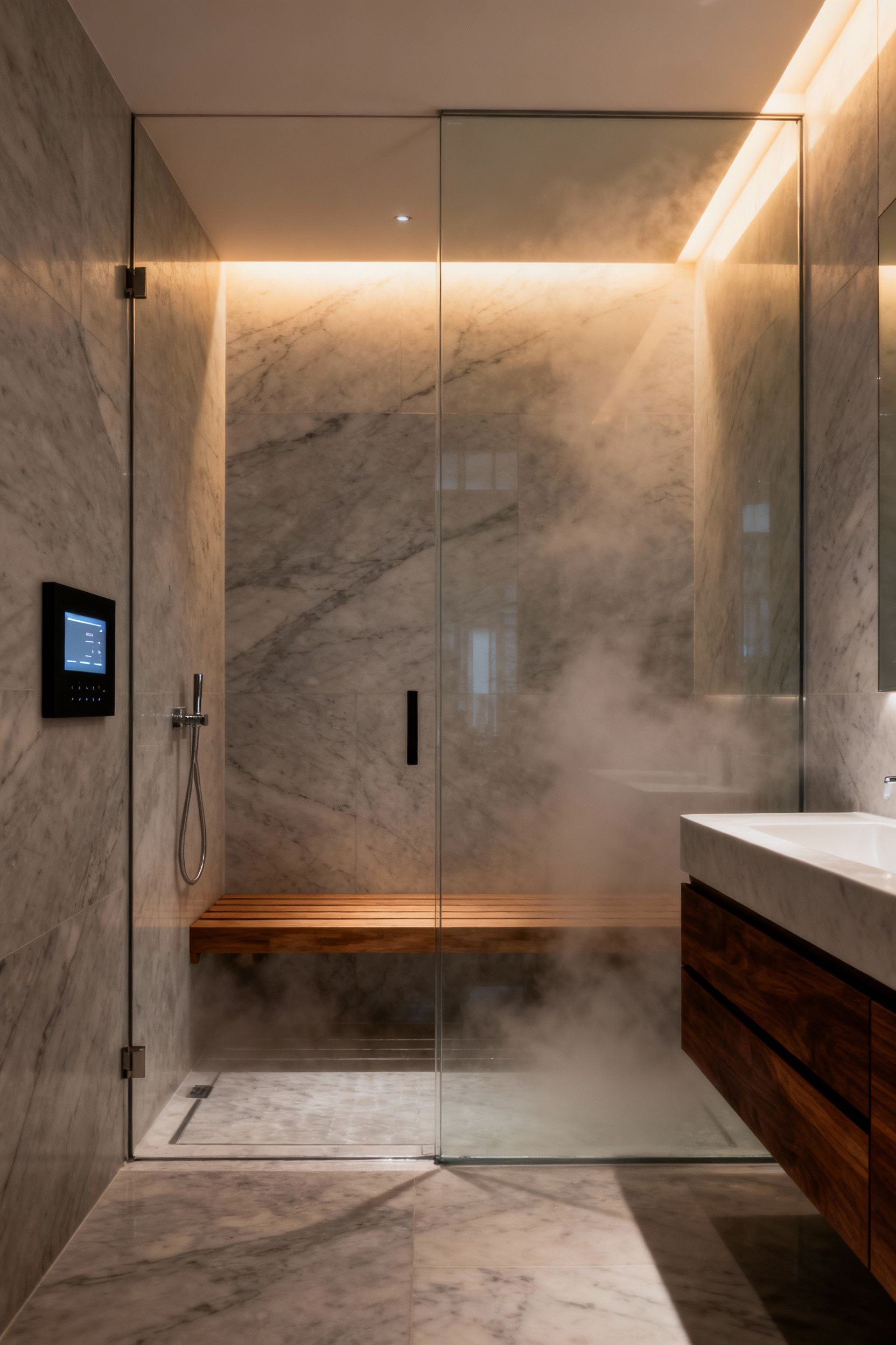 A luxurious modern bathroom featuring a seamless integrated steam shower enclosed by frameless glass, showcasing digital hydrotherapy controls and marble walls, representing a private wellness sanctuary.