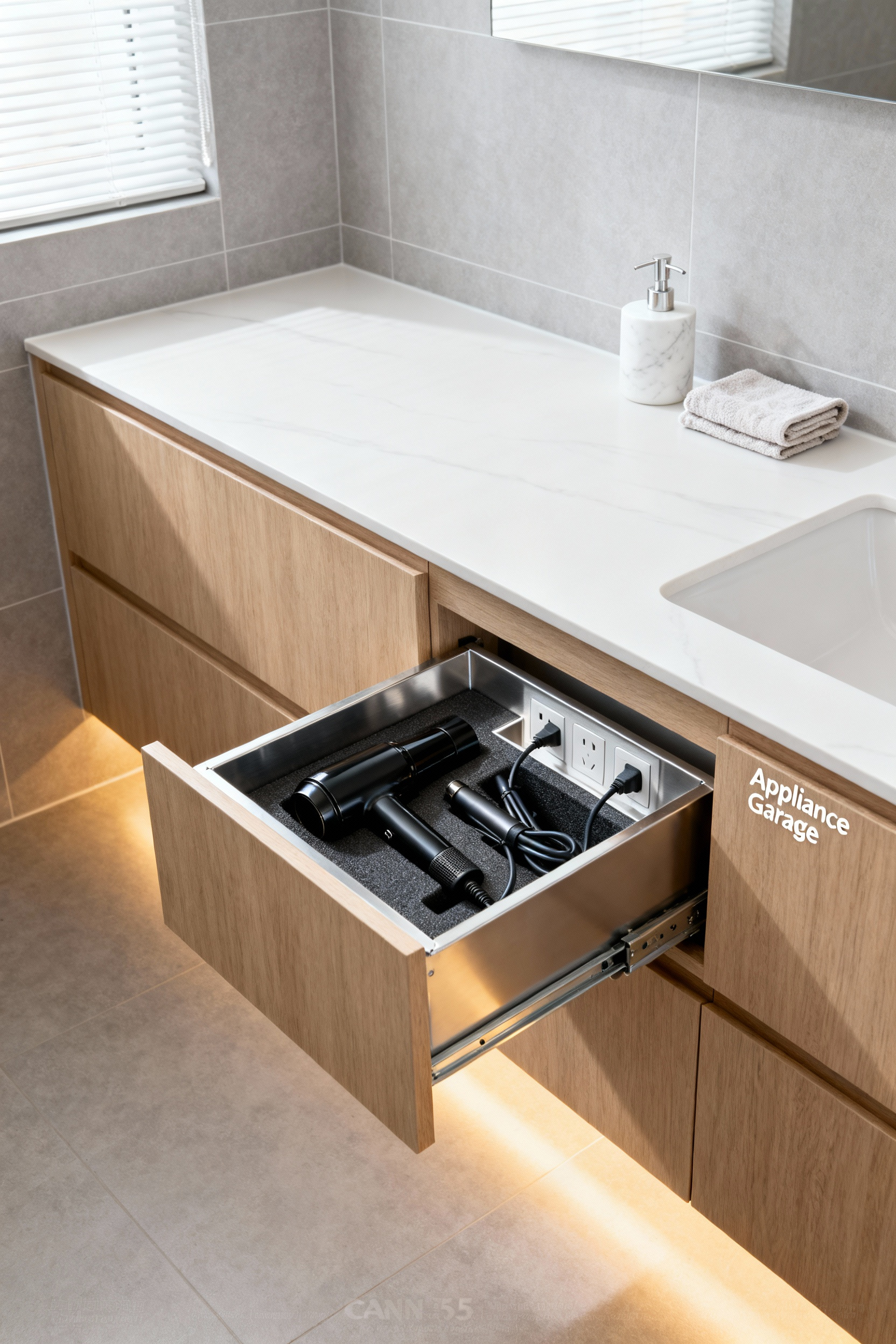 A modern bathroom vanity with a light oak finish and white quartz countertop, featuring a partially open 'Appliance Garage' drawer that reveals a hair dryer and curling iron neatly plugged into hidden power outlets, emphasizing clutter reduction.