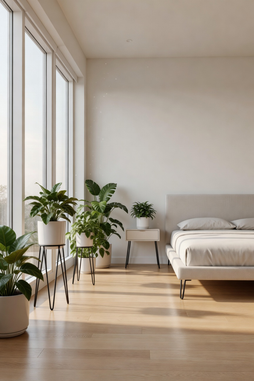 A bright modern bedroom featuring green plants in ceramic pots supported by thin black hairpin legs on a wooden floor.