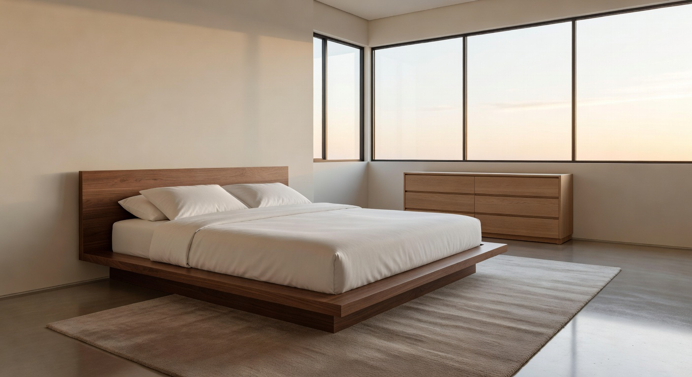 A bright and airy modern bedroom featuring a wooden platform bed and minimalist furniture illuminated by warm natural sunlight.