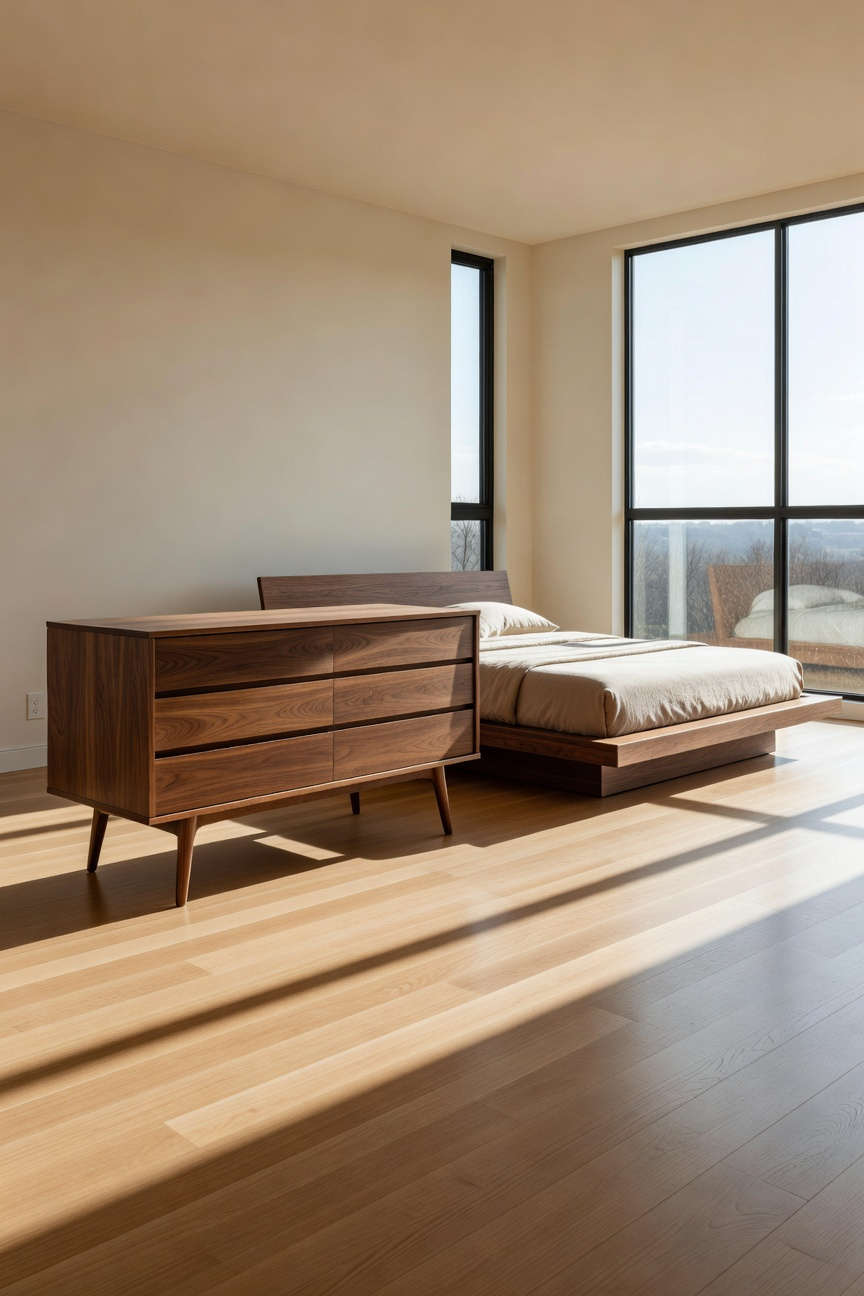 A bright mid-century modern bedroom featuring a walnut dresser with thin tapered legs that create an illusion of space on a sunlit hardwood floor.