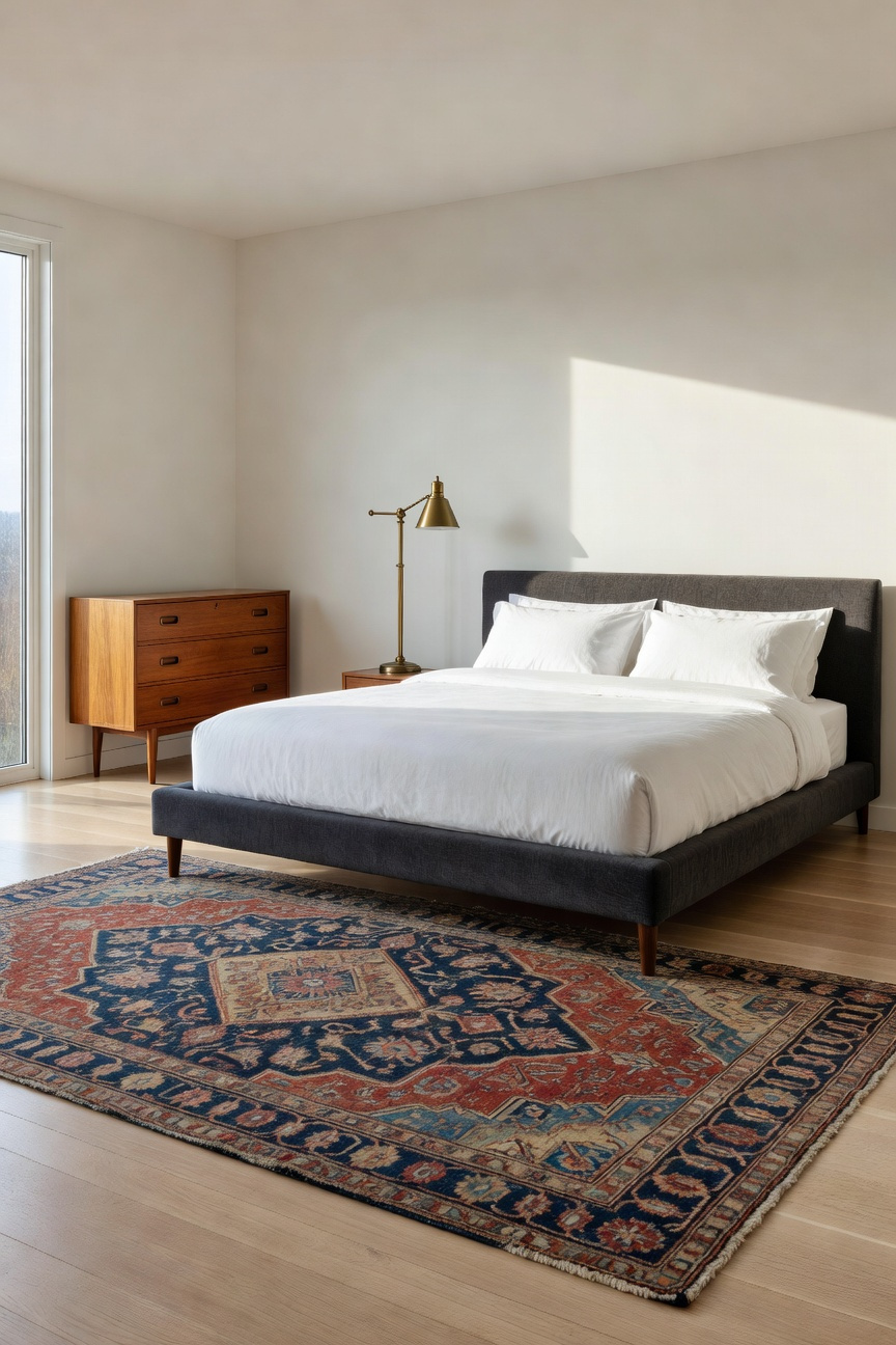 A bright master bedroom displaying modern bedroom furniture paired with vintage mid-century accents and an antique rug.