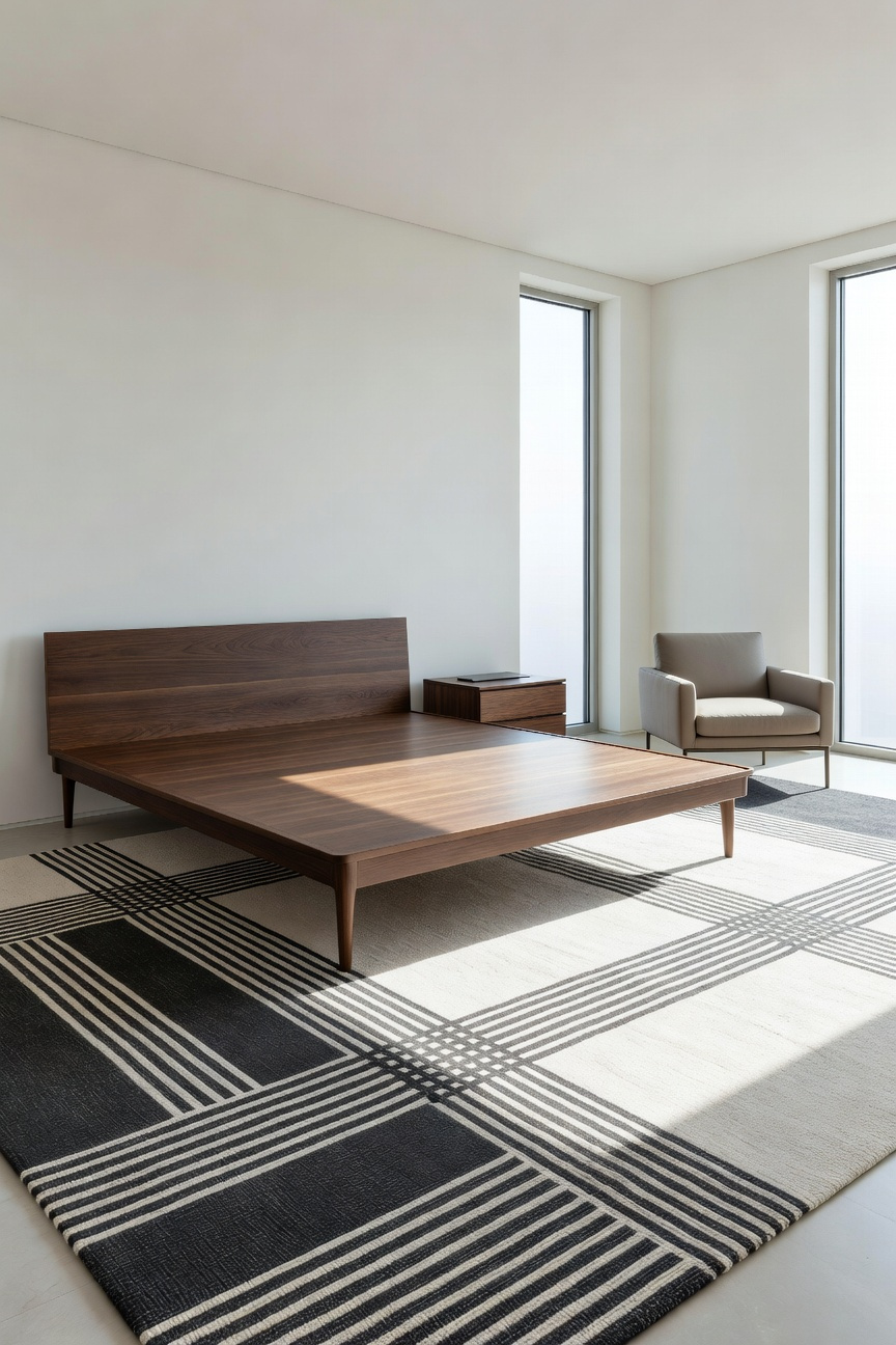 A modern bedroom featuring a geometric rug grounding a low-profile bed with tapered legs in a sunlit room.