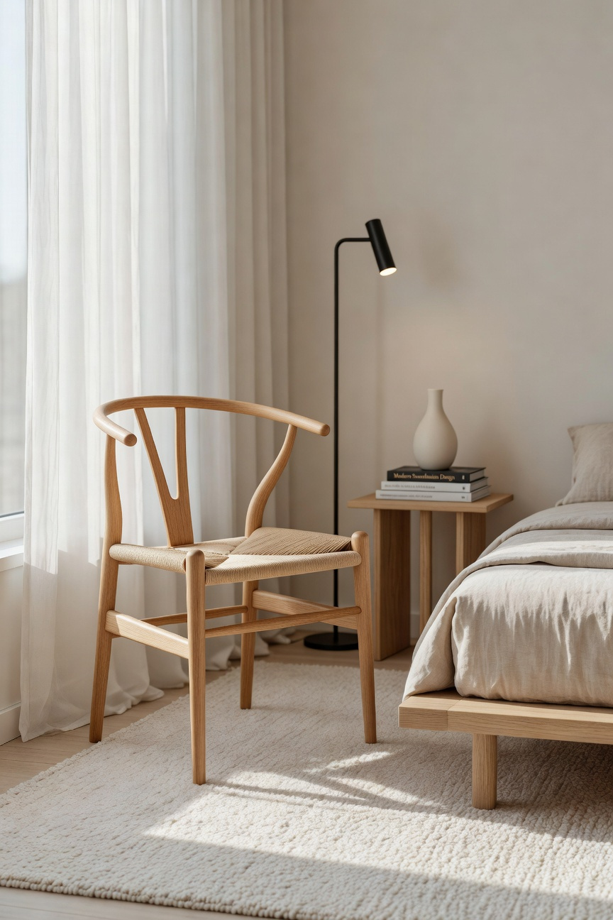 A modern bedroom reading corner with a Hans Wegner-style Wishbone chair, a minimalist floor lamp, and soft natural sunlight.