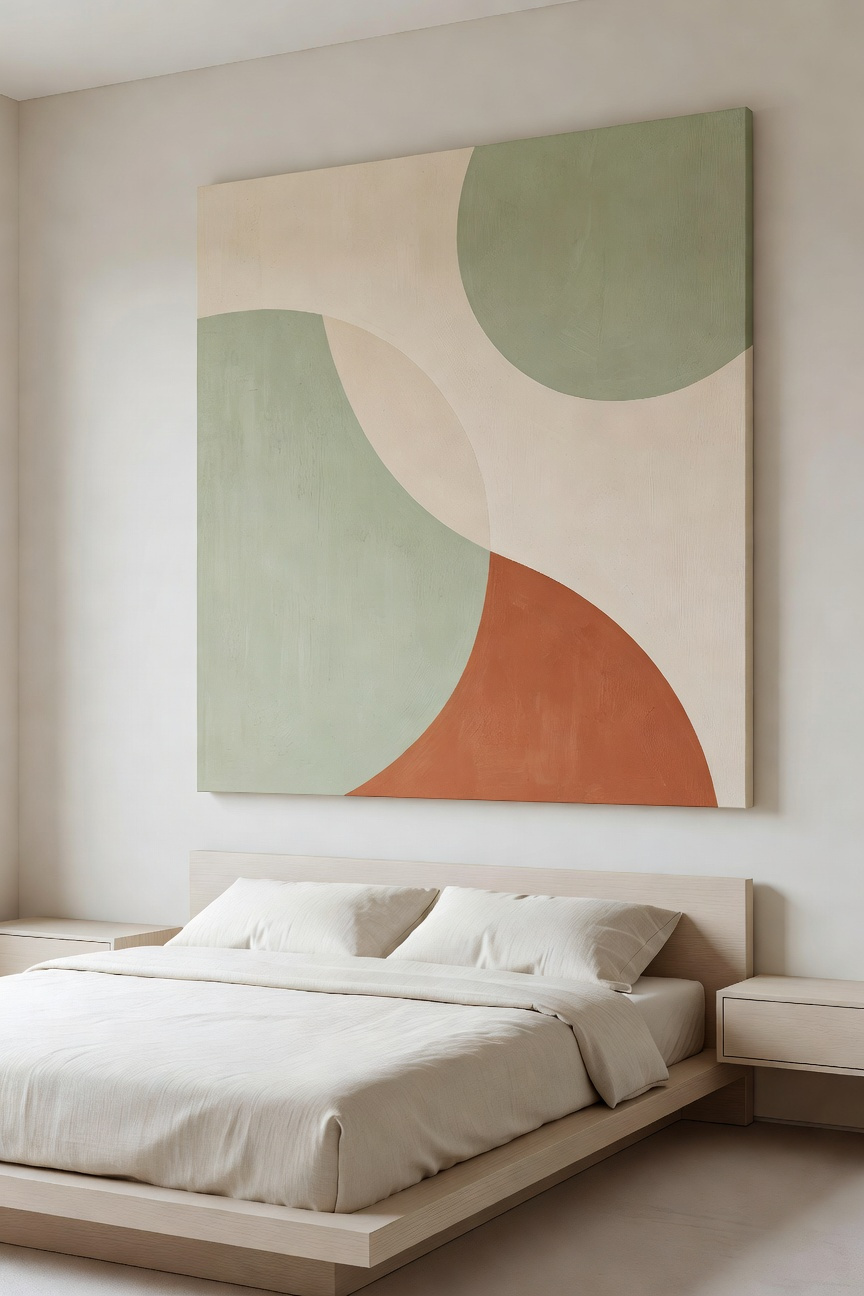 Large DIY color-blocked canvas art in sage green and terracotta hanging on a white bedroom wall above a bed with neutral linens.