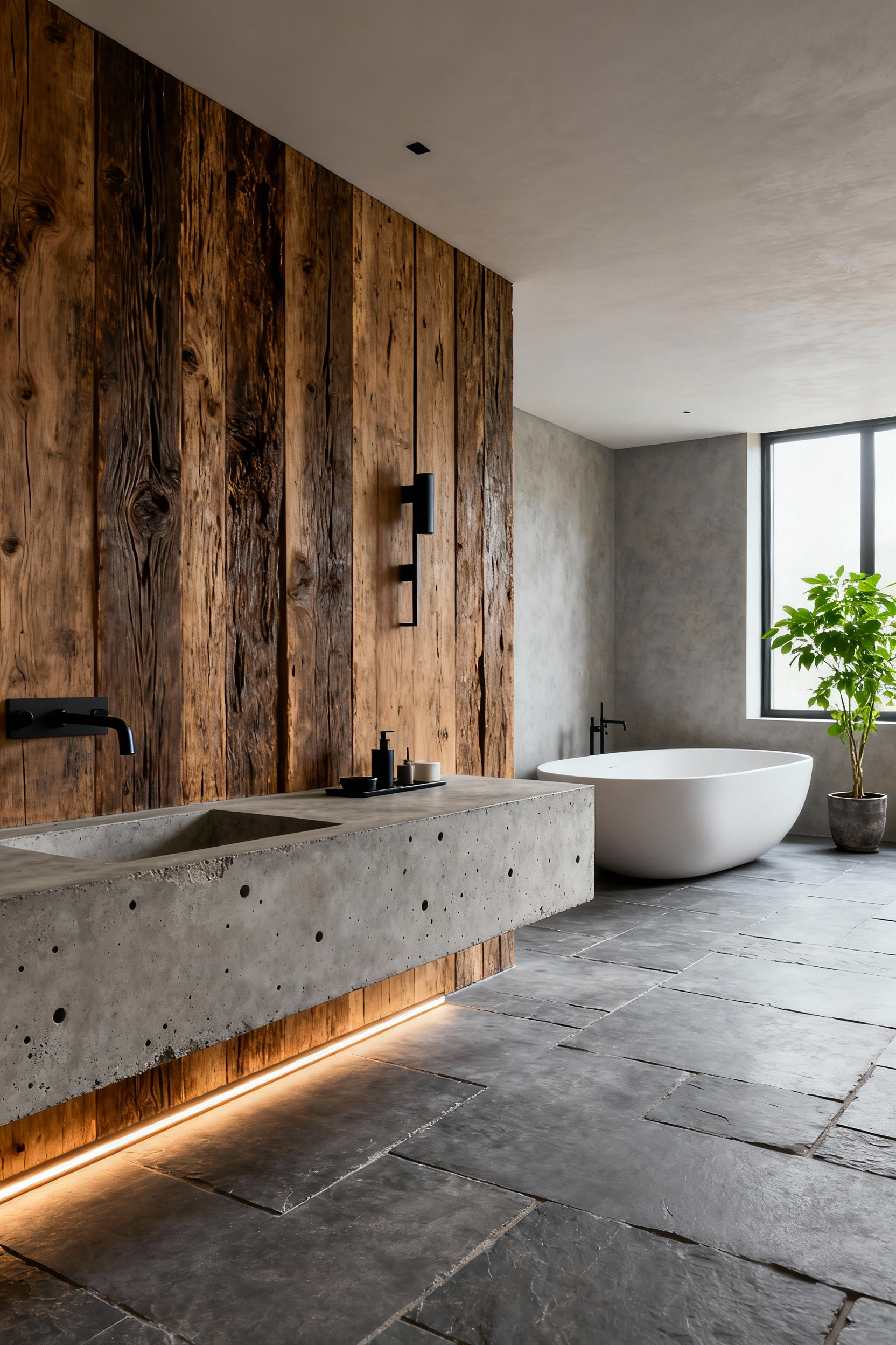 A modern bathroom interior showcasing biophilic design with a floating concrete vanity, a raw wood accent wall, and matte black fixtures under diffused natural lighting.