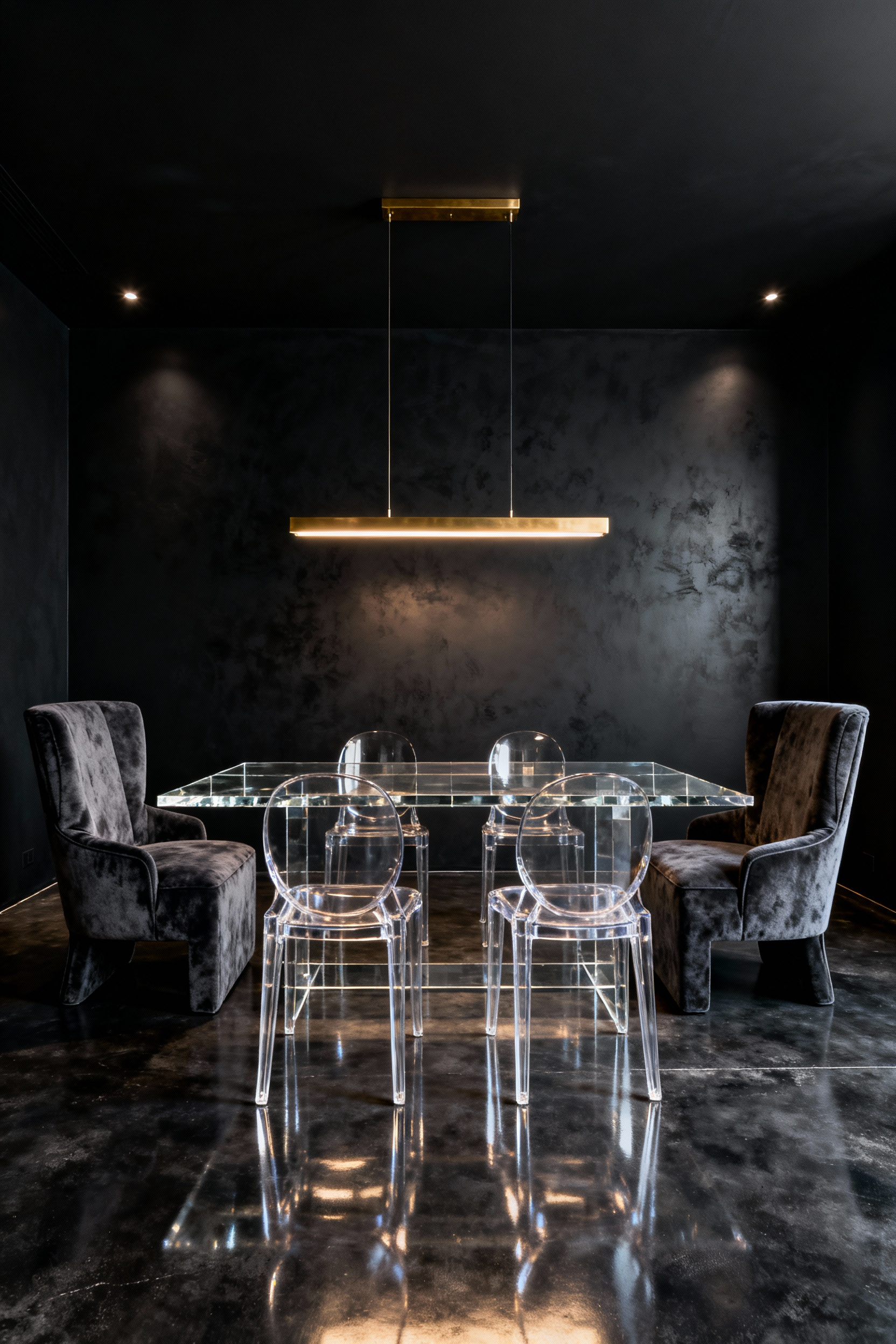 A modern dining room with matte black walls, balanced by a large, clear acrylic dining table and transparent acrylic chairs, demonstrating low visual weight elements.