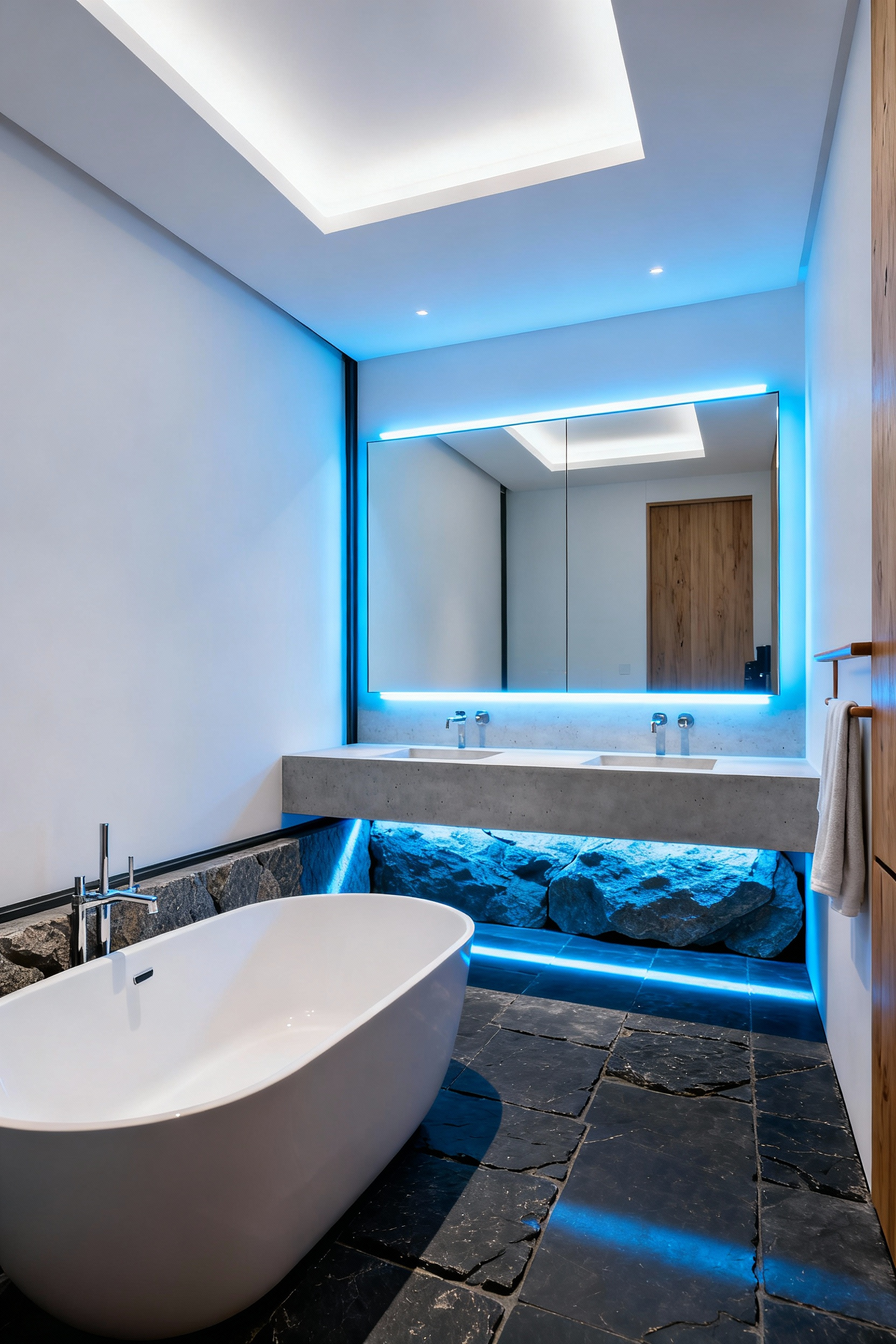 A modern luxury bathroom integrating Human-Centric Lighting, featuring cool blue-rich LED strips glowing from behind a large mirror and under a floating stone vanity, symbolizing circadian syncing technology.
