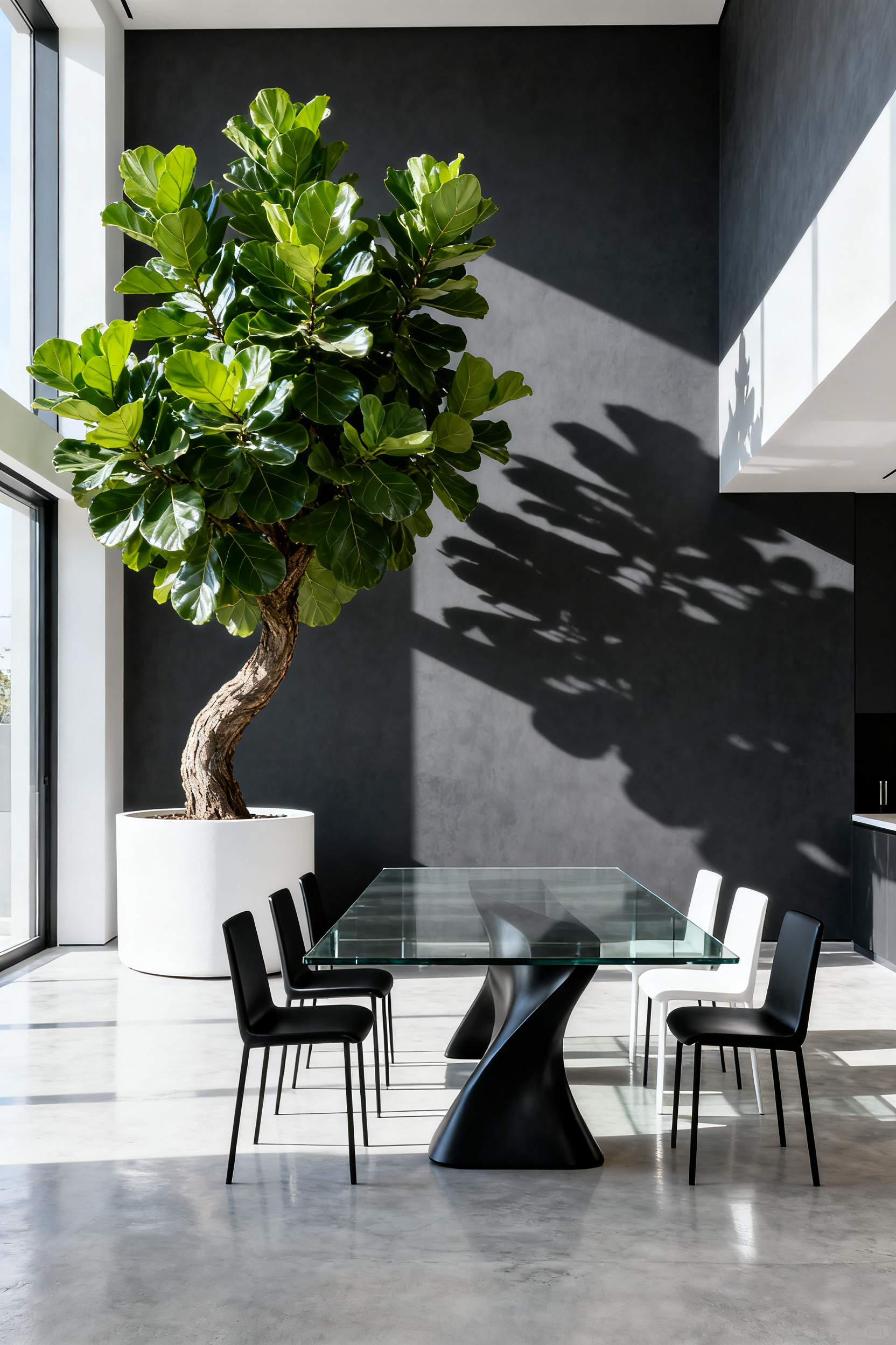 A massive Fiddle-Leaf Fig tree acts as a living sculpture in a modern dining room featuring a sleek glass table, polished concrete floor, and matte charcoal walls.
