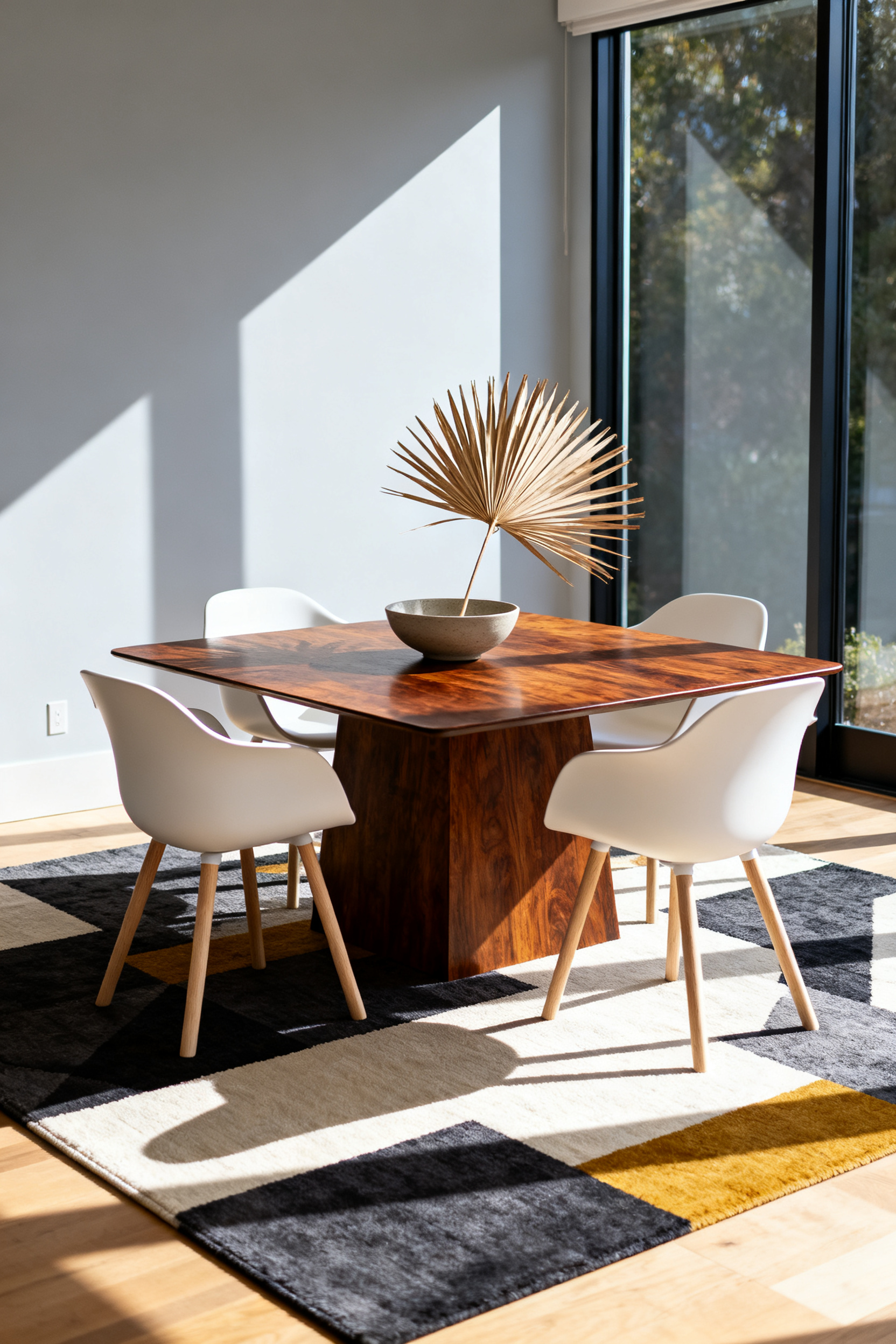 Vintage walnut Eames dining table showing subtle wood patina surrounded by white mid-century modern fiberglass chairs in a sunlit dining room, illustrating the Patina Paradox.