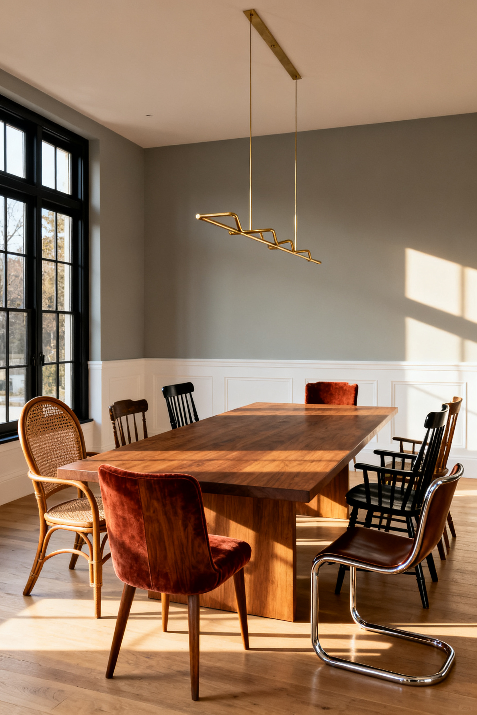 A modern dining room featuring a long wooden table surrounded by eight deliberately mismatched vintage chairs of varying styles, textures, and eras, illustrating the collected design look.