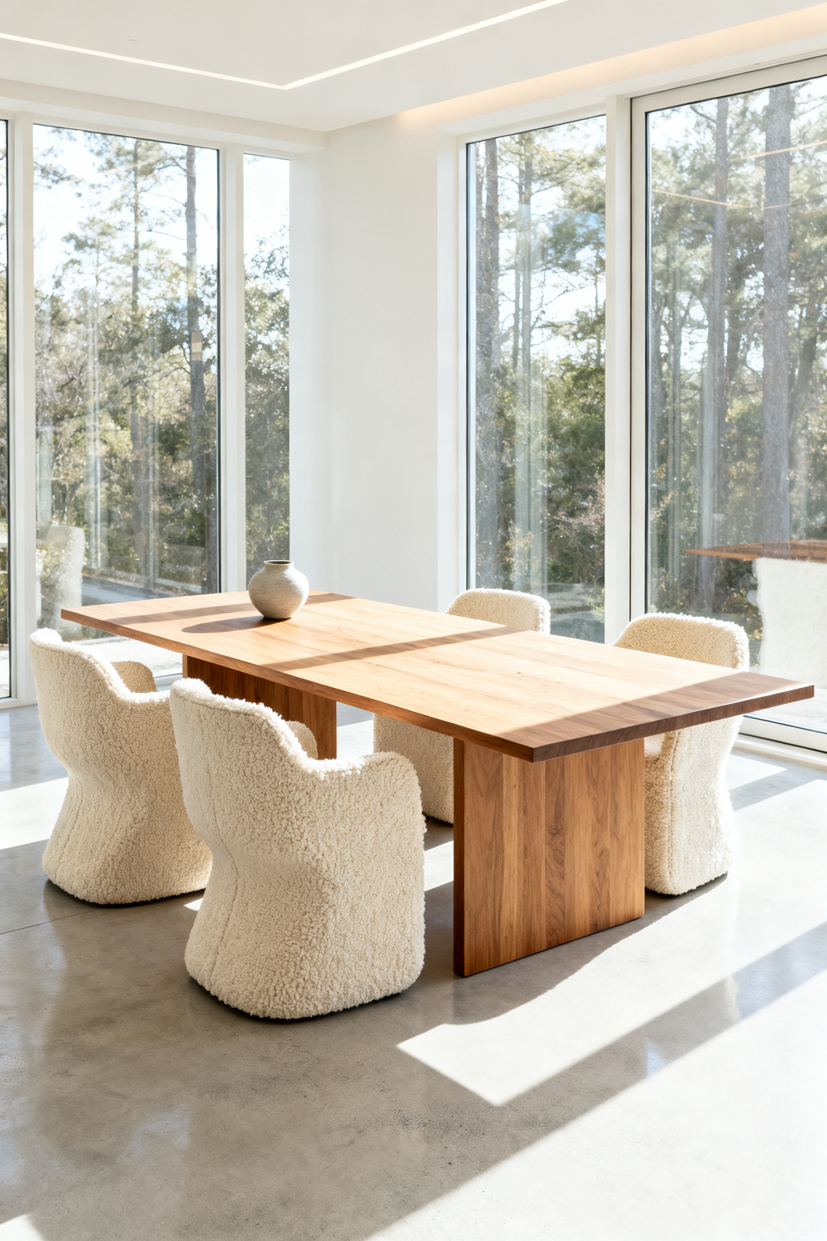 Modern dining room featuring four sculptural dining chairs upholstered in highly textured, cream-colored upcycled bouclé fabric, set around a large oak table under bright natural light.