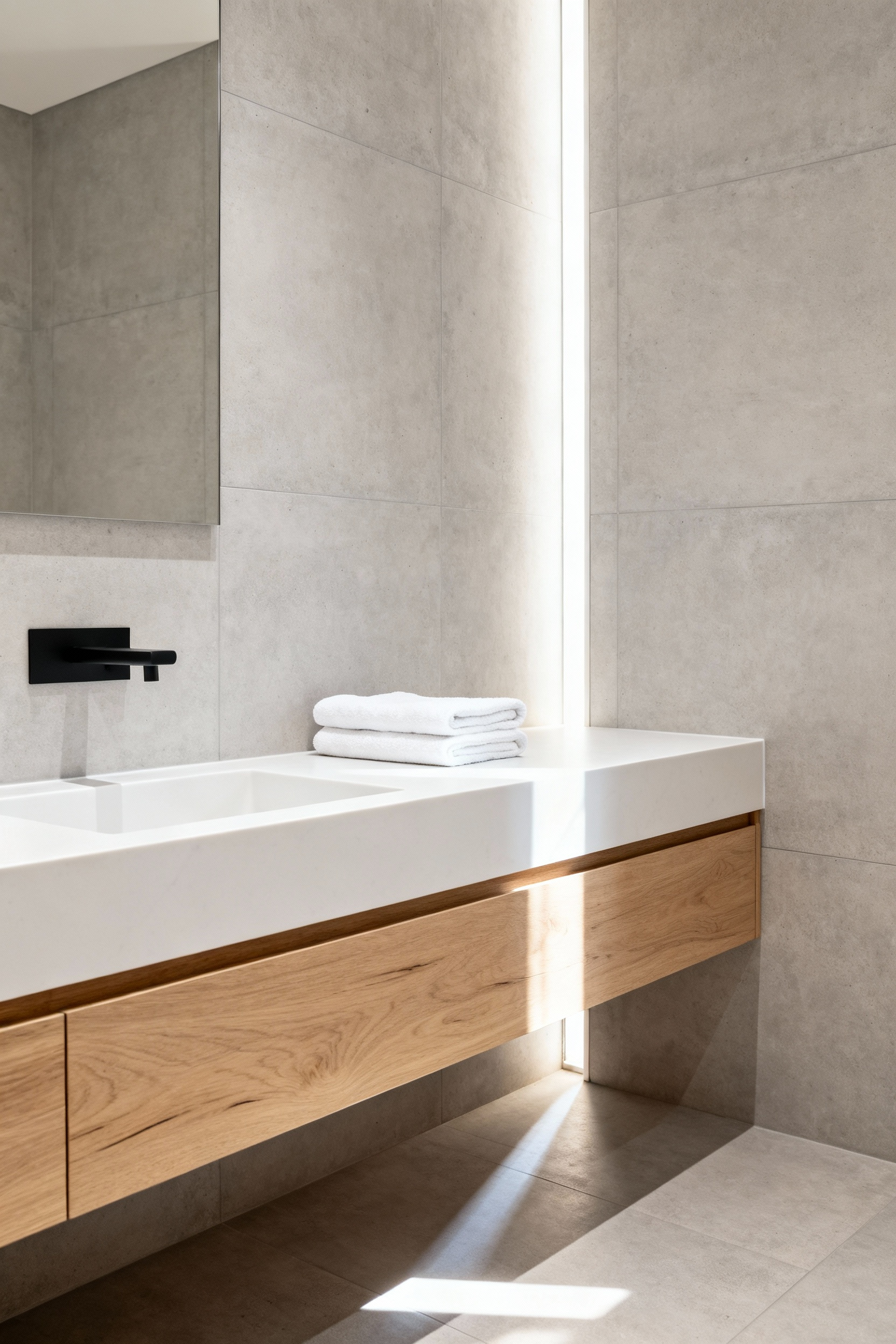 A high-quality, modern bathroom showing a floating light oak vanity set at an ergonomic comfort height (approximately 38 inches) to minimize back strain and promote streamlined daily rituals.
