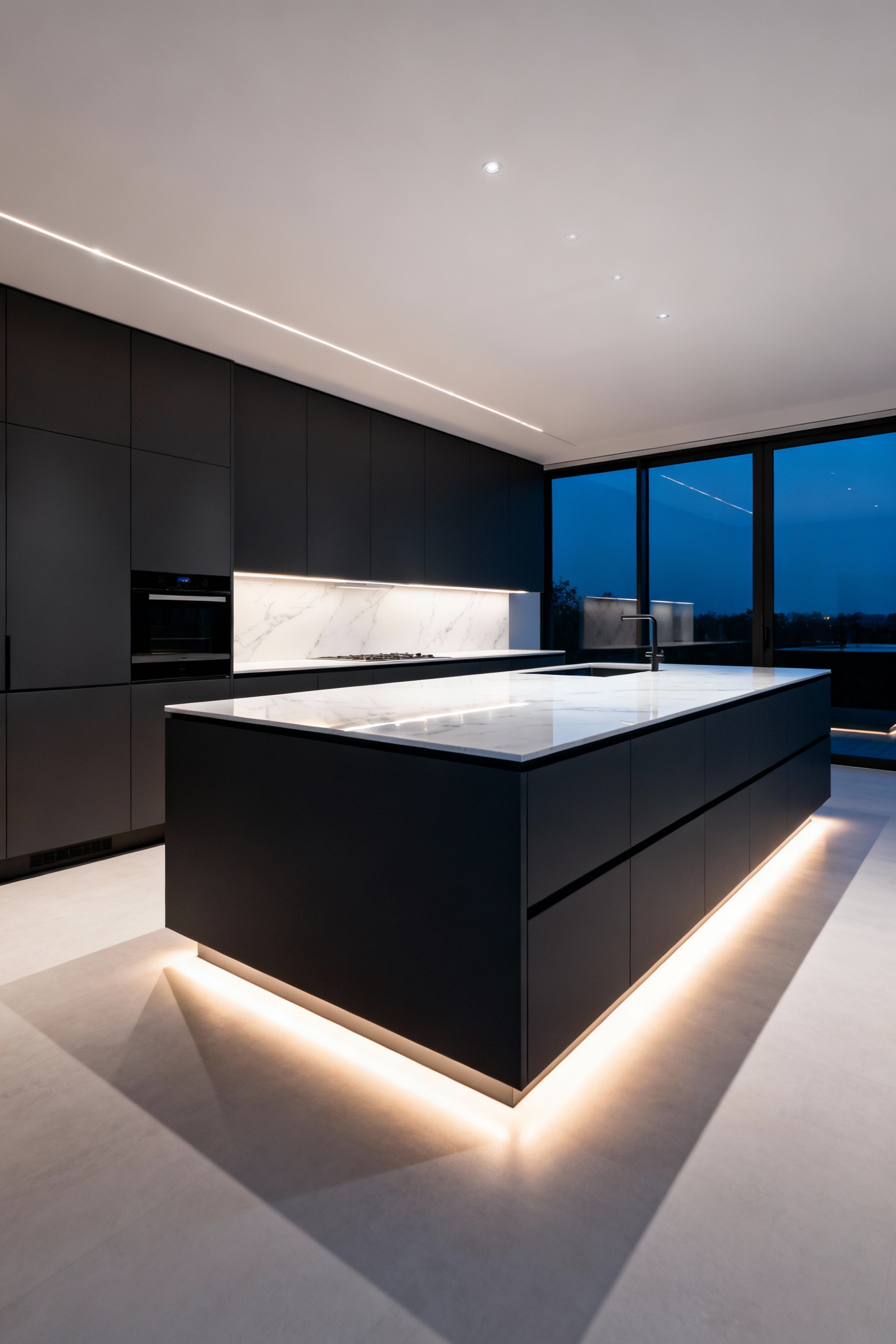 A photograph of a modern kitchen showing dark, handleless base cabinets floating due to warm white LED toe-kick lighting installed along the recessed plinth.