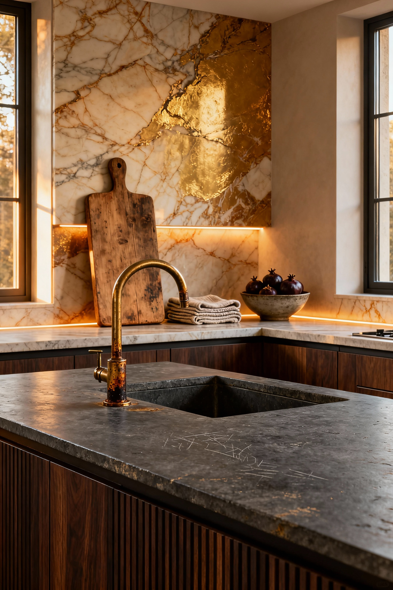 Modern kitchen featuring a soapstone island and unlacquered brass faucet, showcasing rich patina and veined marble backsplash, emphasizing a curated, lived-in luxury aesthetic.