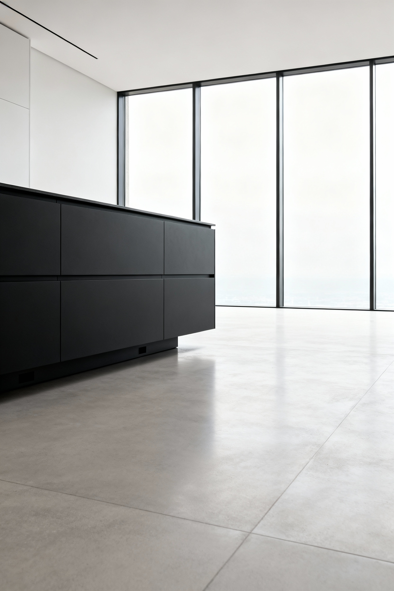 A spacious, modern kitchen featuring seamless, continuous light grey polished concrete flooring that emphasizes the visual expanse and makes the dark minimalist island appear to float.
