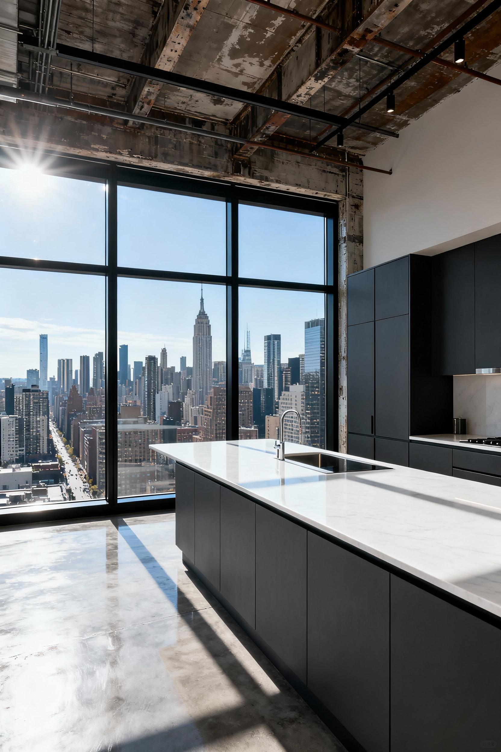 A sun-drenched modern kitchen featuring minimalist black framed windows offering a panoramic view of a vibrant high-rise cityscape.
