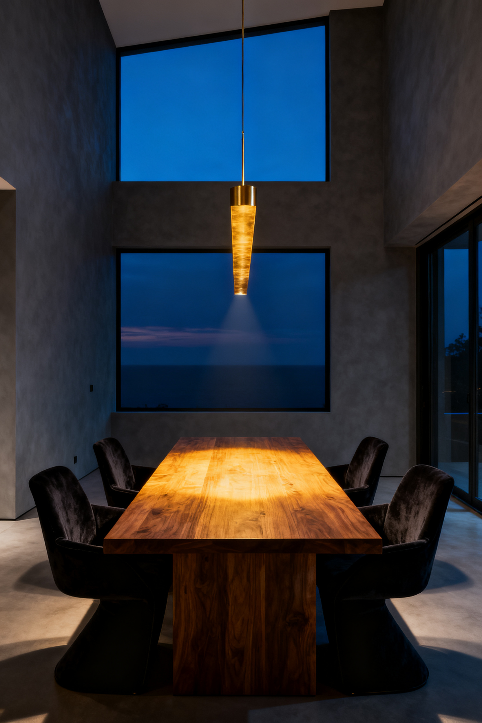 A moody, professional photograph of a modern dining room featuring a low-hanging brass linear pendant light casting a warm, intimate glow over a rectangular walnut dining table and four dark velvet chairs.