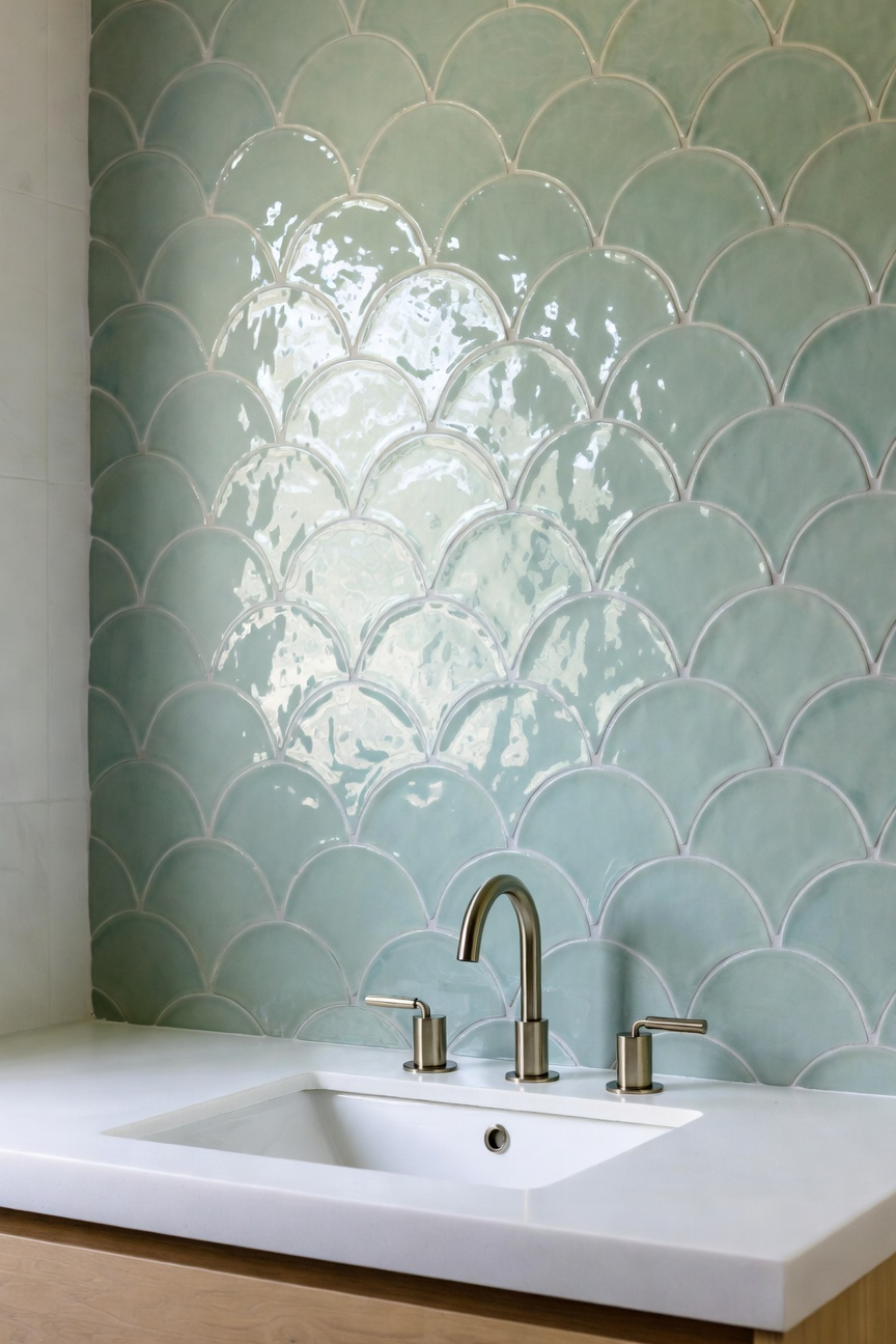 A modern coastal bathroom featuring an entire wall of pale seafoam green scallop or fish scale tiles, complemented by a white oak vanity and brushed brass fixtures, illustrating fluid movement and organic design.