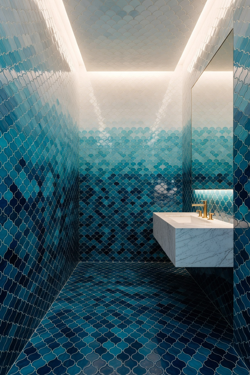A luxury powder room featuring Moroccan fish scale tiles in a seamless ombré gradient transitioning from dark navy at the floor to white at the ceiling.