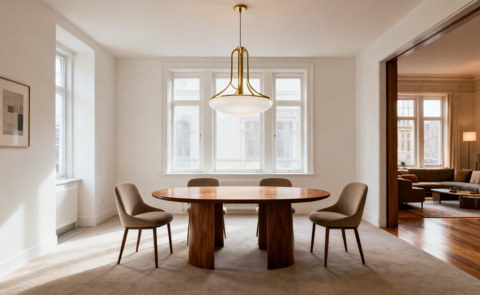 A photograph of a bright, open-concept modern dining room featuring a walnut table and minimalist pendant lighting, illustrating the shift from formal to informal living spaces in the mid-20th century.