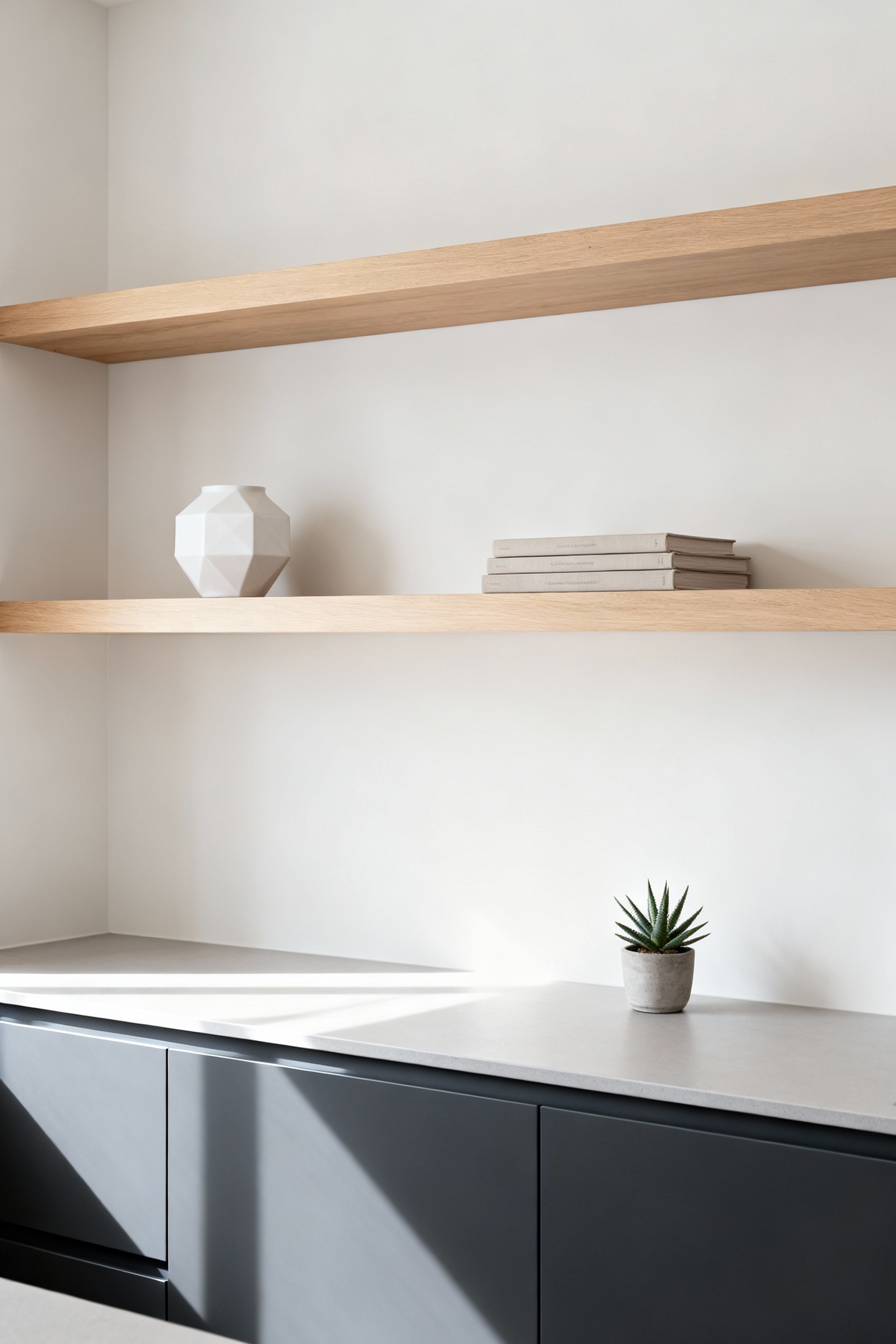 Minimalist modern kitchen featuring open oak shelving styled with extreme negative space, emphasizing the concept of Ma through sparse placement of white ceramics and greenery against a clean gray and white backdrop.