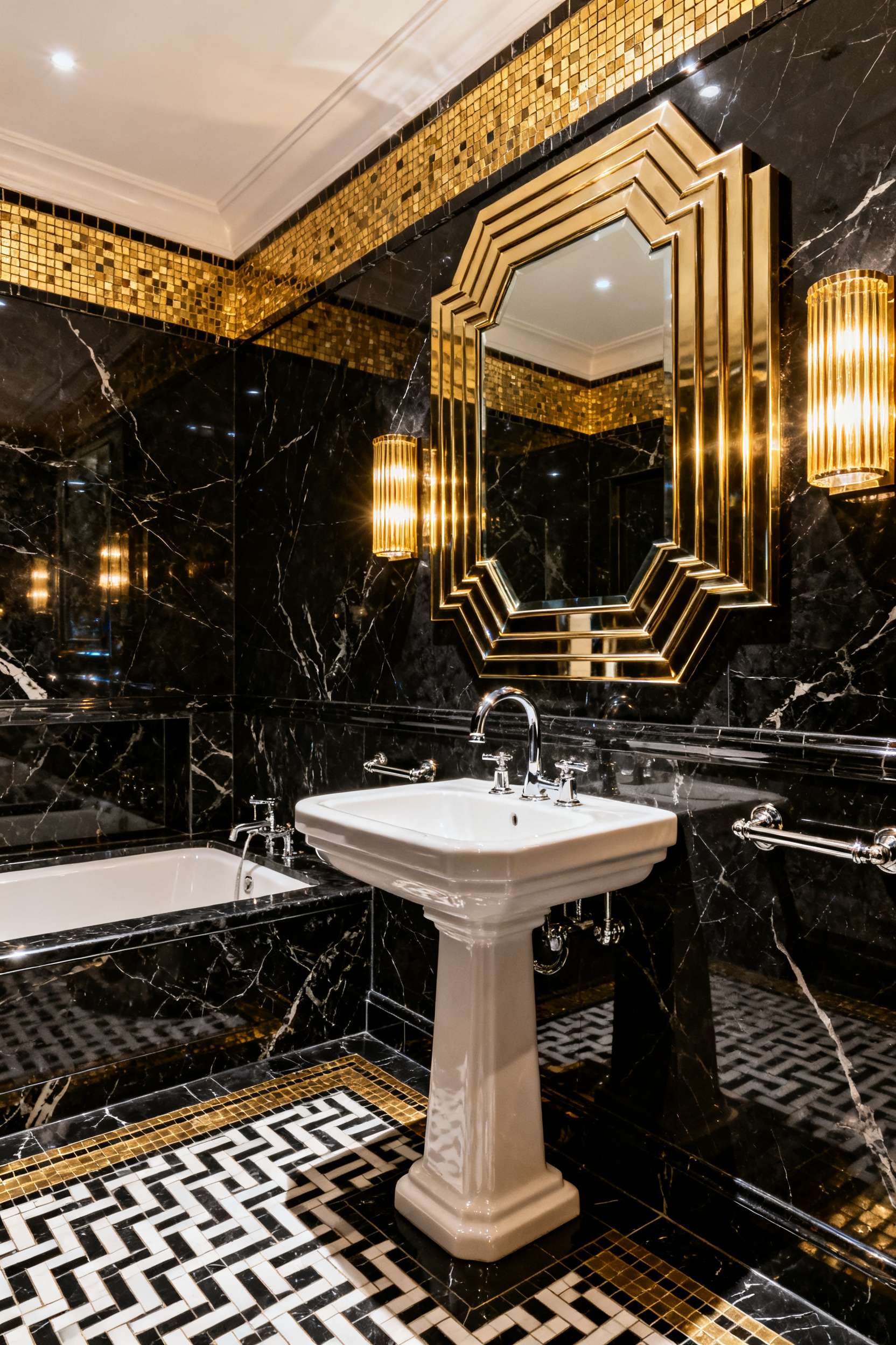 An opulent Art Deco master bathroom showcasing controlled abundance, featuring black Nero Marquina marble walls, high-shine polished chrome and brass fixtures, geometric floor tiling, and dramatic architectural lighting emphasizing reflective surfaces.