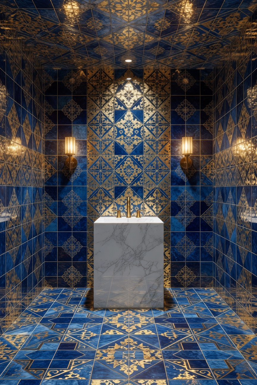 A luxurious small bathroom featuring a continuous bold blue and gold pattern on the powder room tile covering the floor, walls, and ceiling.