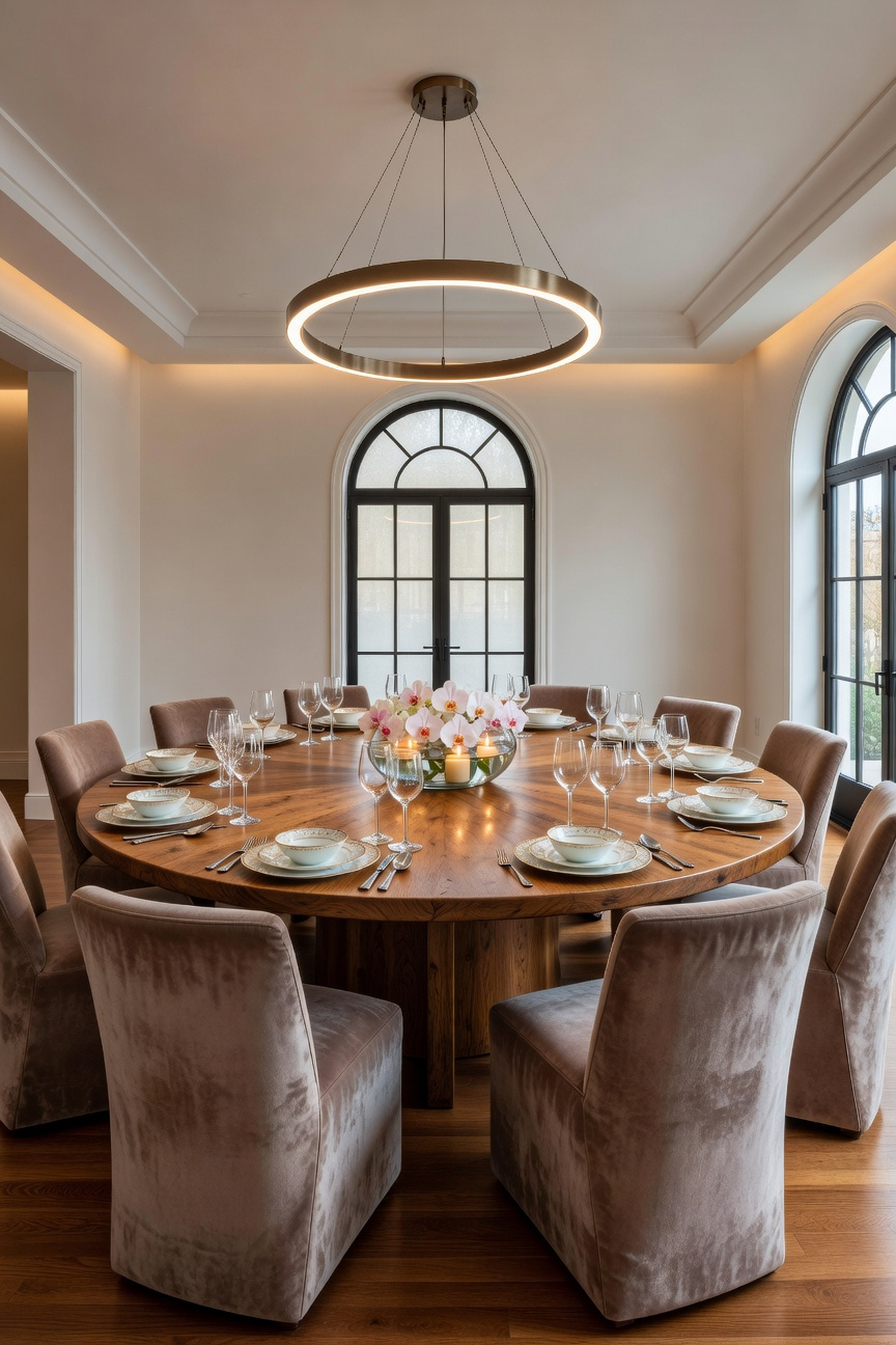An opulent dining room with a large round wooden table and plush chairs under a modern circular chandelier.