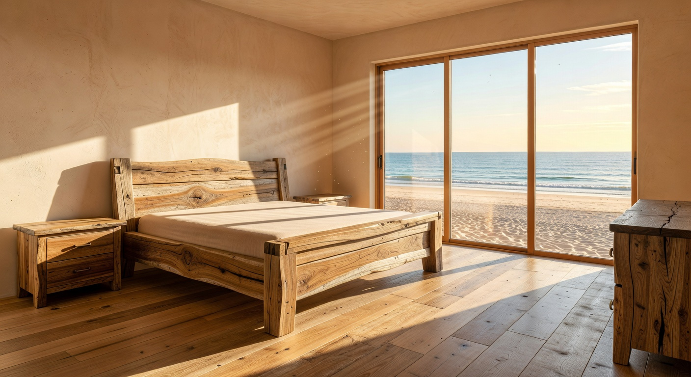 A bright coastal bedroom featuring a heavy European white oak bed frame and matching furniture with a view of the ocean.