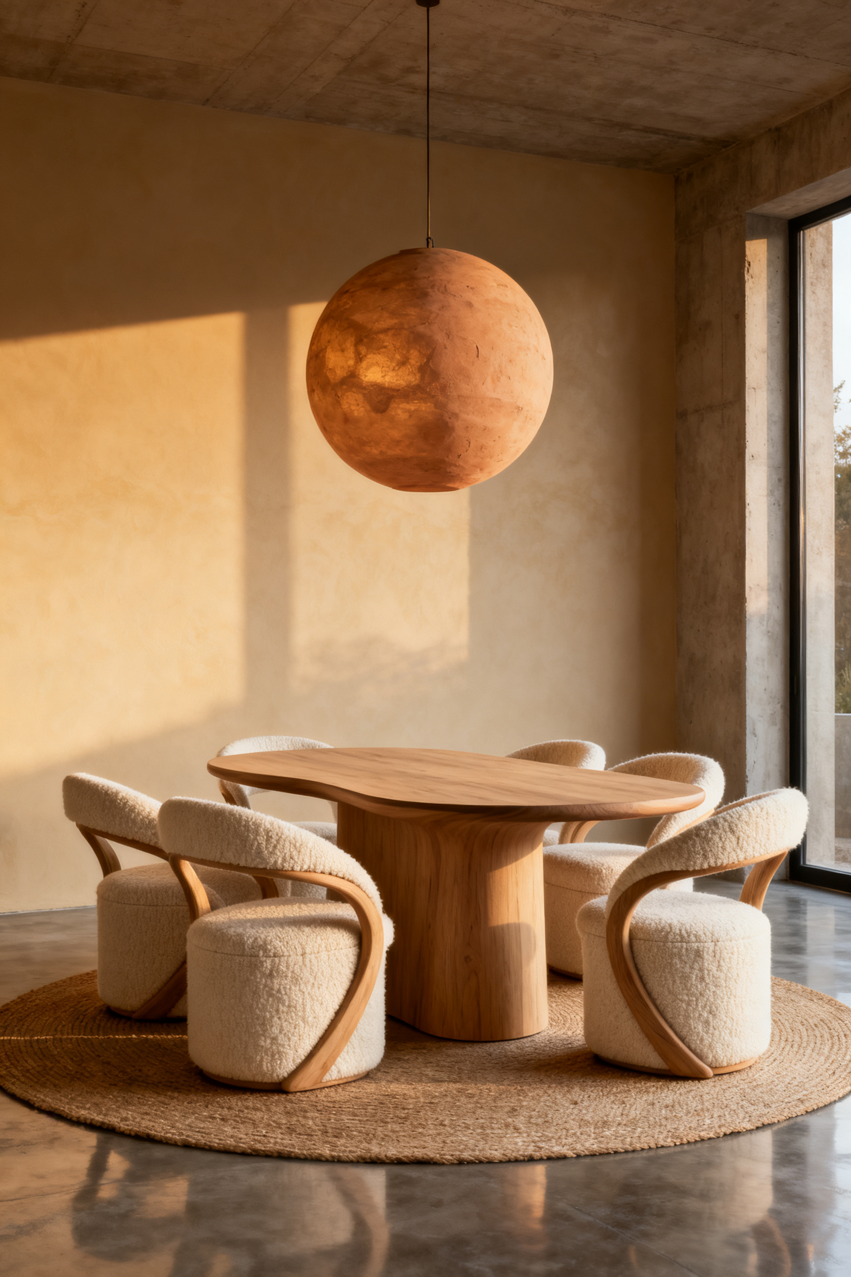 Organic Modern dining room featuring a pill-shaped light oak wood table, curved boucle chairs, and a large plaster pendant light, emphasizing natural textures and soft, fluid lines.