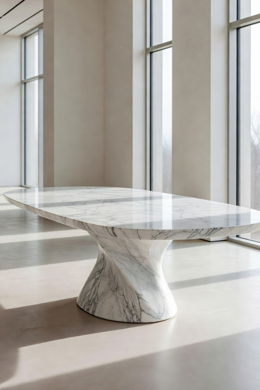 A modern minimalist dining room featuring a large round marble dining room table with a sculptural pedestal base in a sunlit room.