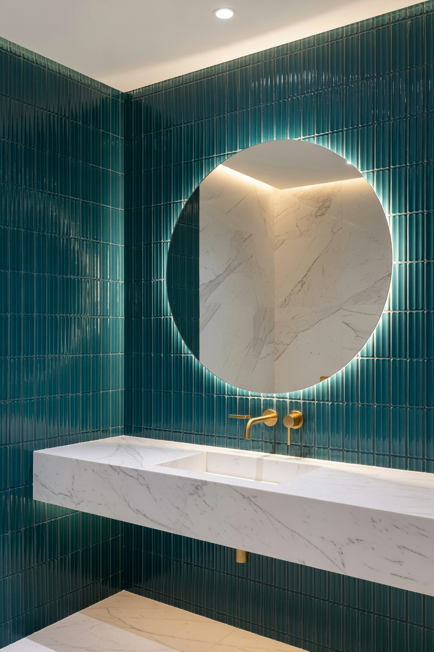 Modern powder room featuring floor to ceiling teal reeded tiles and a floating marble vanity with gold accents.