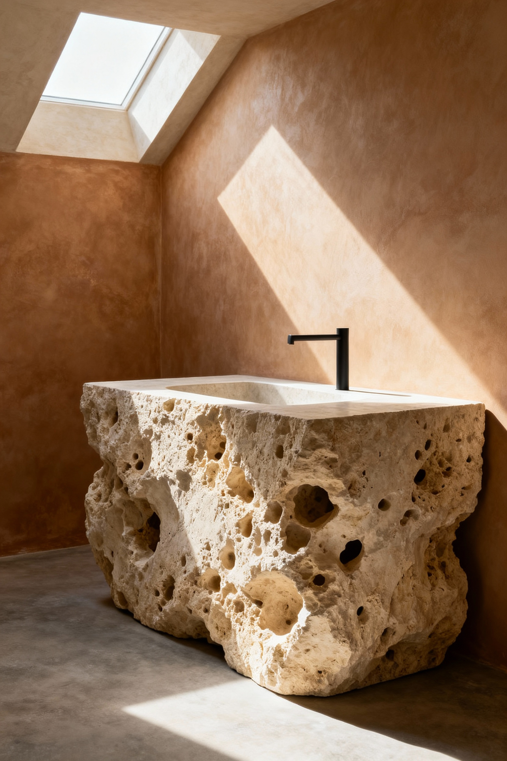 A monolithic bathroom vanity carved from a single, raw block of porous beige travertine stone, set in a minimalist luxury bathroom environment with textured plaster walls and dramatic architectural lighting.